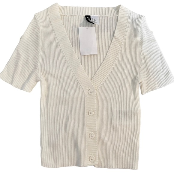 Fitted Rib-knit Top Button Front V Neck Crop Cardigan - Picture 5 of 9